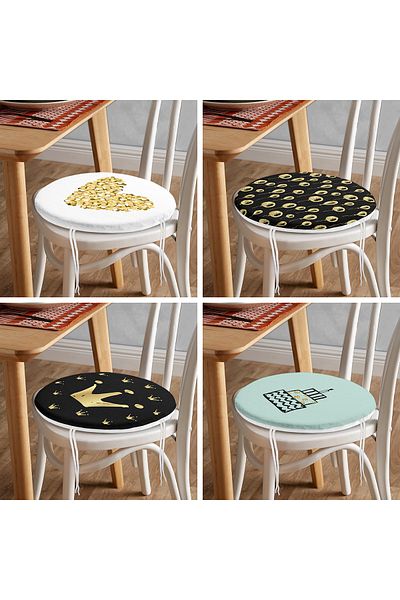 Realhomes Set of 4 Gold Leaf Birthday Concept Decorative Round Zippered Chair Cushions