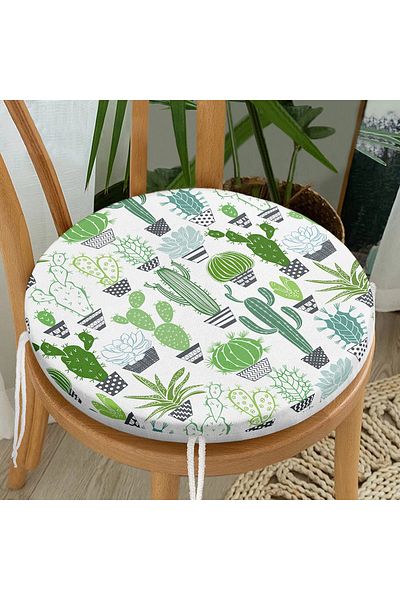 Realhomes Digital Printed Modern Round Zippered Chair Cushion with Green Cactus Pattern on White Background