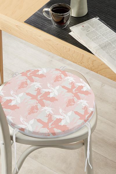 Realhomes Round Zippered Chair Cushion with Pink and White Leaf Motif on Gray Background