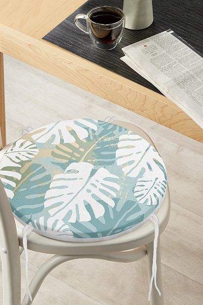 Realhomes Blue Floor Leafy Design Patterned Digital Printed Round Zippered Chair Cushion