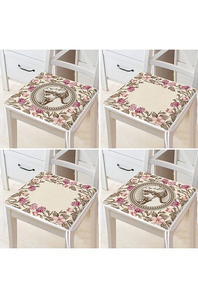 Realhomes Set of 4 Cream Floor Ethnic Drawing Digital Printed Modern Zippered Chair Cushions