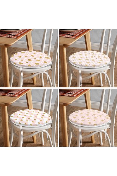 Realhomes Set of 4 Gold Detailed Pink Zigzag Design Round Zippered Chair Cushions