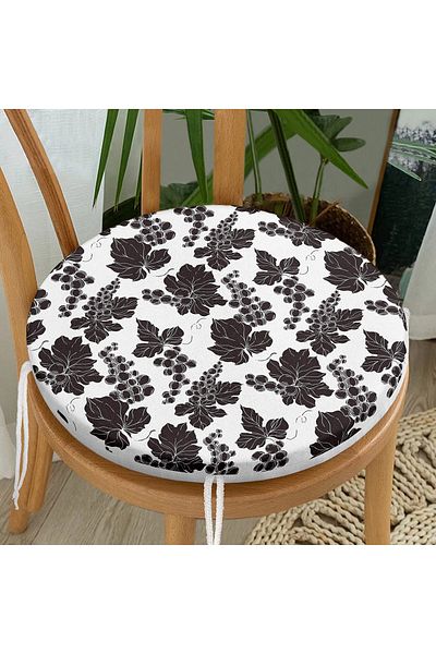 Realhomes Digital Printed Modern Round Zippered Chair Cushion with Black Leaf Pattern on White Background