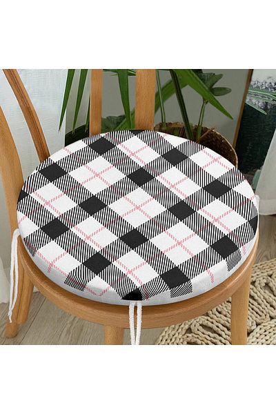 Realhomes Black Plaid Pattern Digital Printed Modern Round Zippered Chair Cushion on White Background