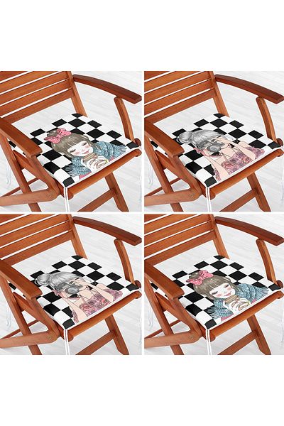 Realhomes 4-Piece Zippered Chair Cushion Set with Pop-art Girl Design on Checkered Floor