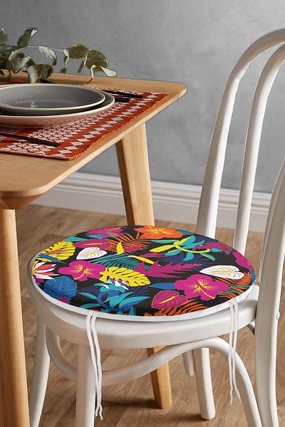 Realhomes Tropical Plants on Black Background Digital Printed Modern Round Zippered Chair Cushion