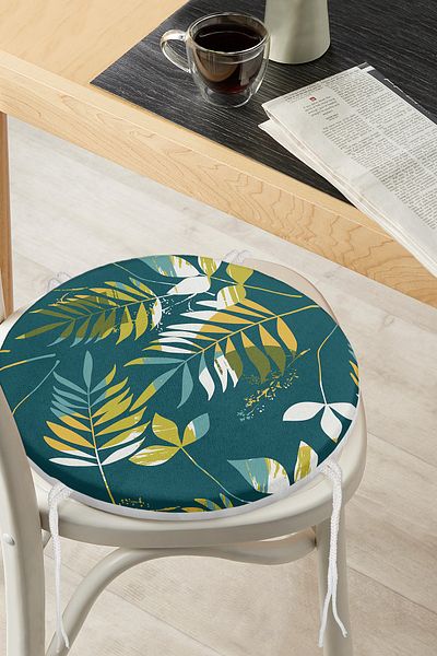 Realhomes Digital Printed Modern Round Zippered Chair Cushion with Leaf Motif on Colorful Floor