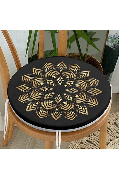 Realhomes Round Zippered Black Chair Cushion with Mandala Motif