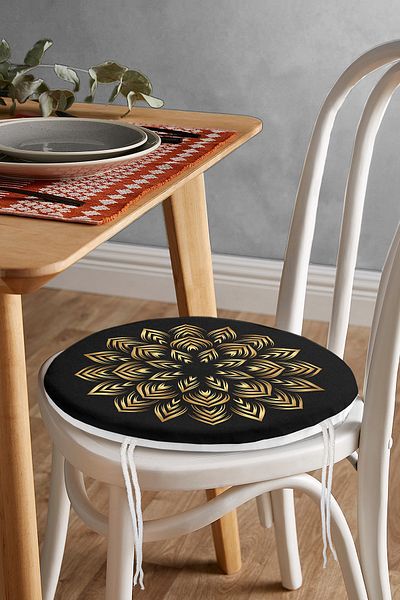 Realhomes Round Zippered Black Chair Cushion with Mandala Motif
