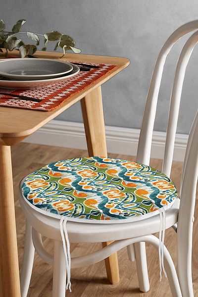 Realhomes Digital Printed Round Zippered Chair Cushion with Green Damask Design