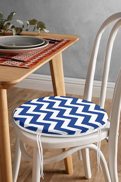Realhomes Navy Blue Zigzag Design Digital Printed Round Zippered Chair Cushion