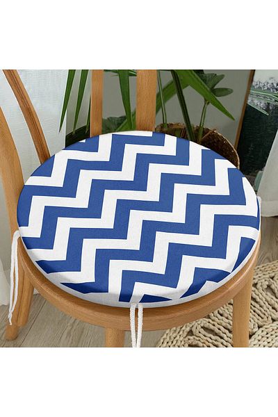 Realhomes Navy Blue Zigzag Design Digital Printed Round Zippered Chair Cushion