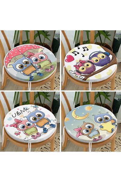 Realhomes Set of 4 Cute Owl Motif Round Zippered Chair Cushions
