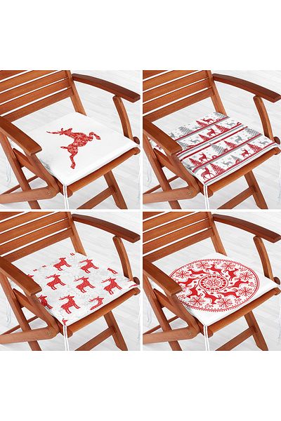 Realhomes 4-Piece Red and White Christmas Deers Zippered Chair Cushion Set