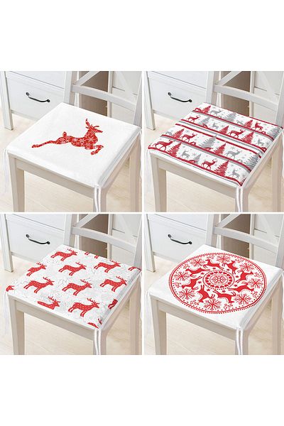 Realhomes 4-Piece Red and White Christmas Deers Zippered Chair Cushion Set