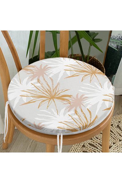 Realhomes White And Gold Leaf Patterned Special Design Modern Round Zippered Chair Cushion