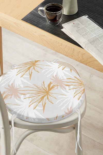 Realhomes White And Gold Leaf Patterned Special Design Modern Round Zippered Chair Cushion