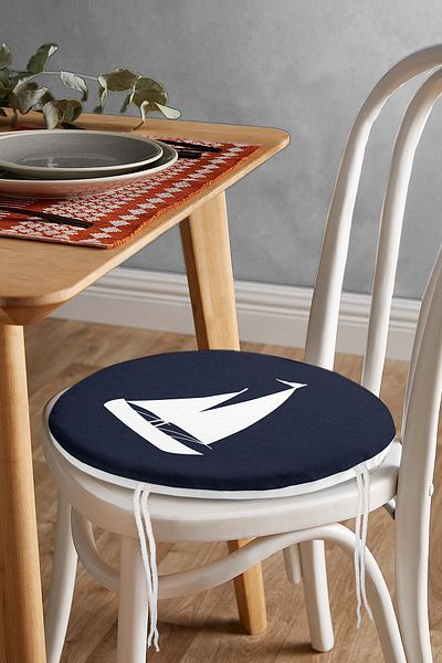 Realhomes Navy Blue Floor Sail Patterned Digital Printed Modern Round Zippered Chair Cushion