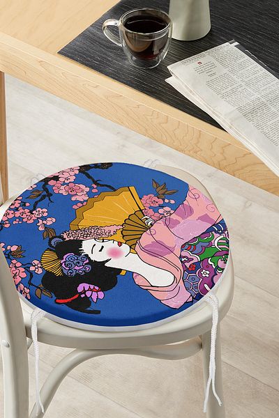 Realhomes Floral Patterned Fan Japanese Girl Motif Modern Round Zippered Chair Cushion