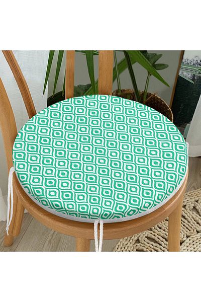 Realhomes Special Design Green Ikat Patterned Digital Printed Round Zippered Chair Cushion
