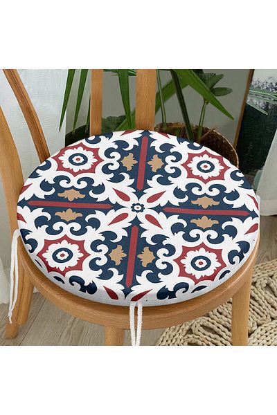 Realhomes Dark Blue Claret Red Damask Motif Modern Round Zippered Chair Cushion