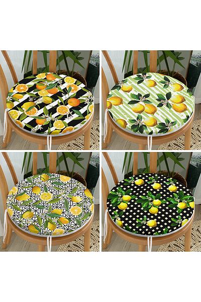 Realhomes Set of 4 Lemon Design Digital Printed Round Zippered Chair Cushions