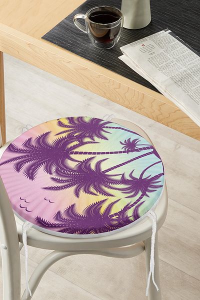 Realhomes Digital Printed Modern Round Zippered Chair Cushion with Palm Tree Motif on Colorful Floor