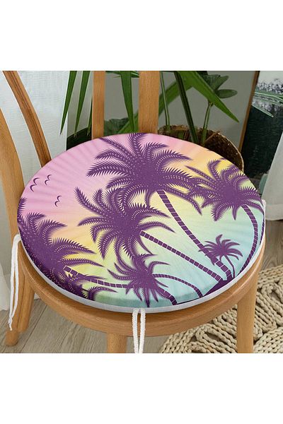 Realhomes Digital Printed Modern Round Zippered Chair Cushion with Palm Tree Motif on Colorful Floor