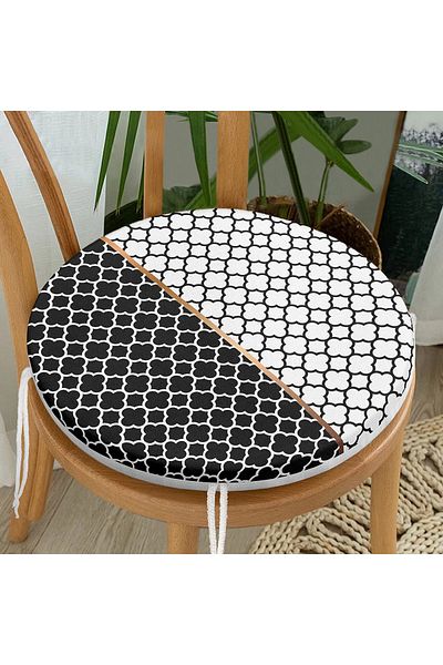 Realhomes Ogea Patterned Black and White Digital Printed Round Zippered Chair Cushion
