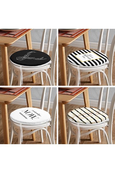 Realhomes 4-Piece Gold Written Black and White Floor Round Zippered Chair Cushion Set
