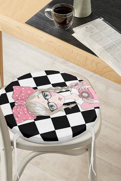 Realhomes Digital Printed Round Zippered Chair Cushion with Checkerboard Background Girl Taking Photos
