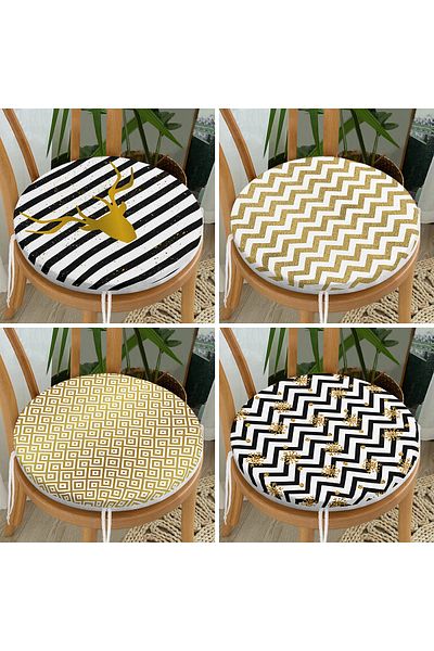 Realhomes Set of 4 Gold Leaf Geometric Patterned Decorative Modern Round Zippered Chair Cushions