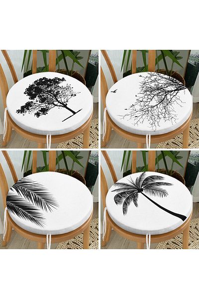 Realhomes Set of 4 Wooden Themed Digital Printed Modern Round Zippered Chair Cushions on White Background