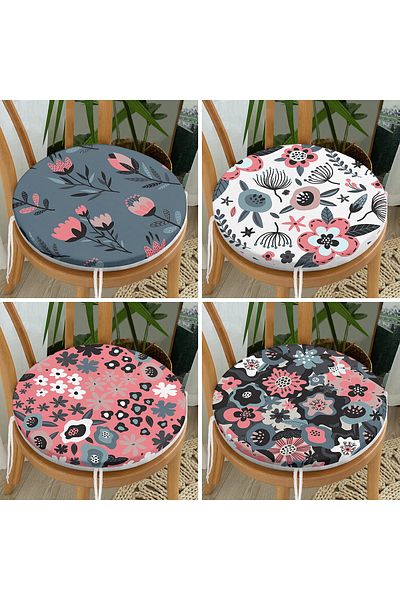 Realhomes Set of 4 Colorful Floor Flower Themed Digital Printed Modern Round Zippered Chair Cushions