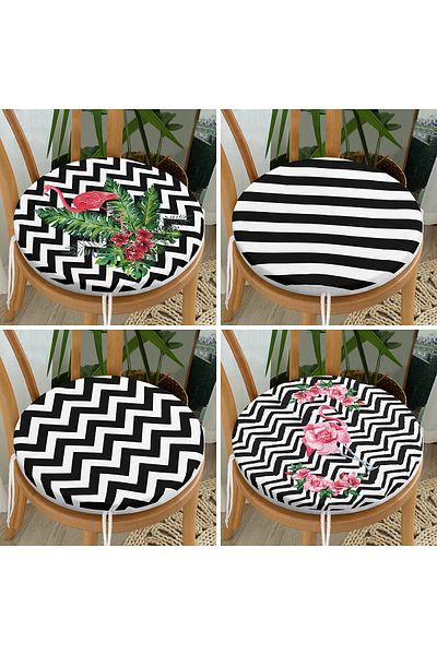 Realhomes Set of 4 Flamingo and Black and White Geometric Patterned Round Zippered Chair Cushions