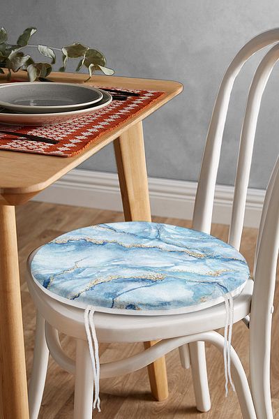 Realhomes Blue Colored Marble Patterned Digital Printed Round Zippered Chair Cushion