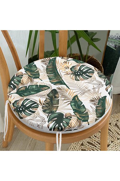 Realhomes Gold Detailed Tropical Leaf Design Round Zippered Chair Cushion