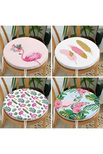Realhomes Set of 4 Flamingo Designed Colorful Digital Printed Round Zippered Chair Cushions