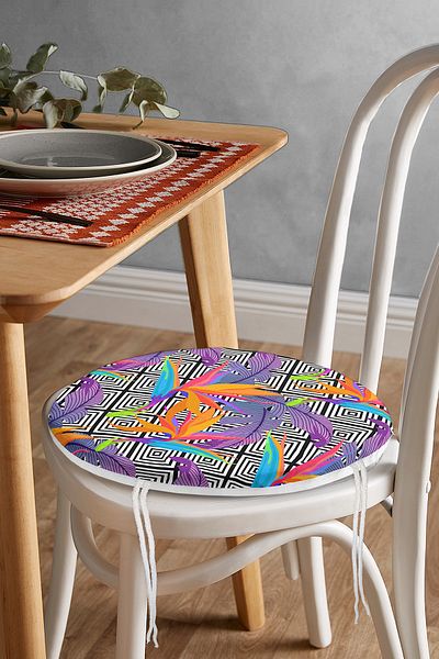 Realhomes Tropical Leaves on Geometric Floor Digital Printed Modern Round Zippered Chair Cushion