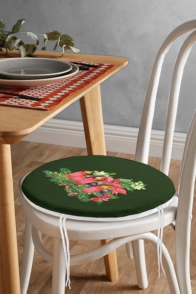 Realhomes Digital Printed Modern Round Zippered Chair Cushion with Green Floor Pine Leaf Candle Design
