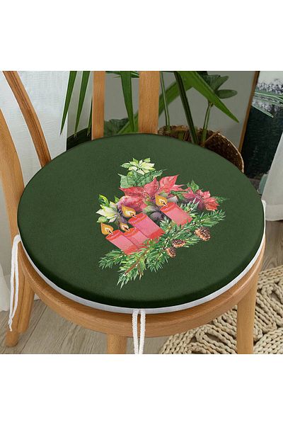 Realhomes Digital Printed Modern Round Zippered Chair Cushion with Green Floor Pine Leaf Candle Design