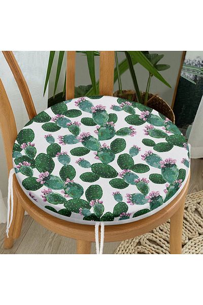 Realhomes Cactus Patterned Watercolor Colorful Modern Round Zippered Chair Cushion