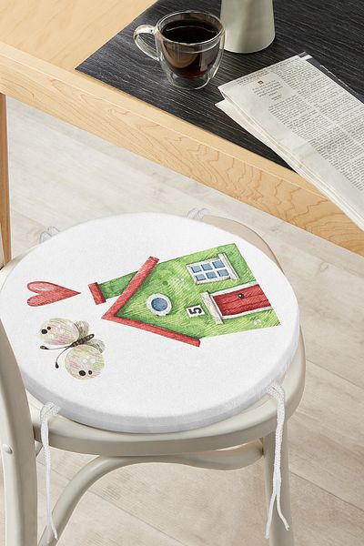Realhomes Miniature Green House Drawing Digital Printed Modern Round Zippered Chair Cushion