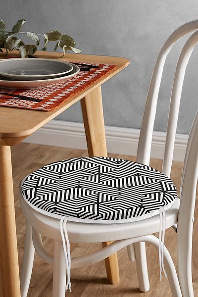 Realhomes Black and White Geometric Drawing Digital Printed Round Zippered Chair Cushion