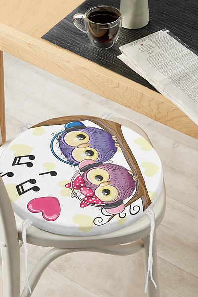 Realhomes Owl Patterned Digital Printed Round Zippered Chair Cushion