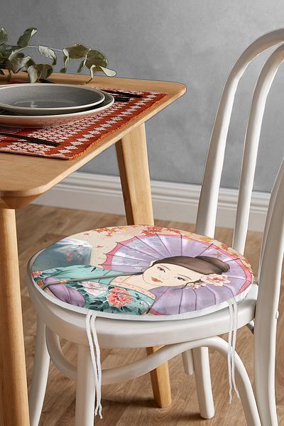 Realhomes Round Zippered Chair Cushion with Umbrella and Japanese Girl Motif