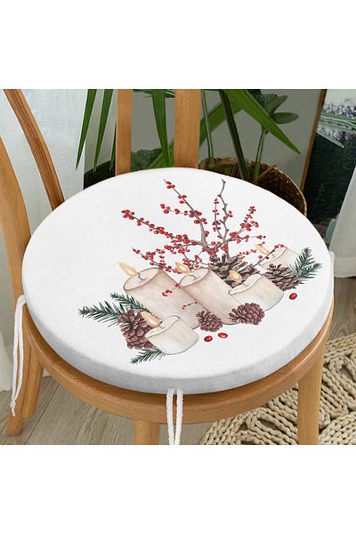 Realhomes Christmas Themed Digital Printed Round Zippered Chair Cushion with Candle & Cone Design