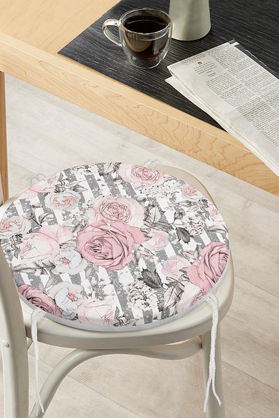 Realhomes Gray Line Patterned Cross Stitch Flower Motif Round Zippered Chair Cushion