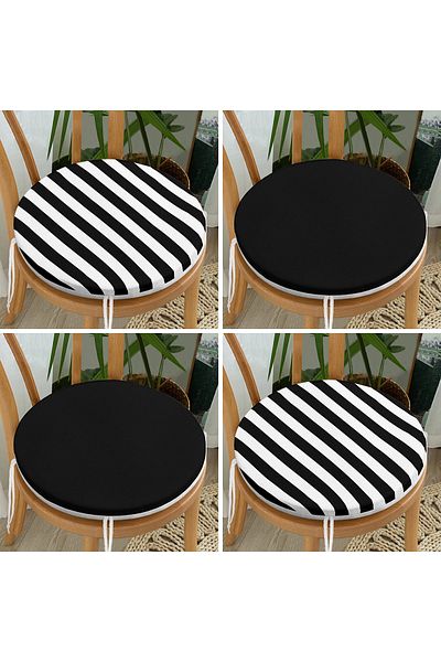 Realhomes Set of 4 Black and White Striped Solid Color Round Zippered Chair Cushions