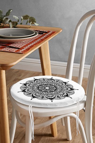 Realhomes Round Zippered Chair Cushion with Flower Mandala Pattern on White Background